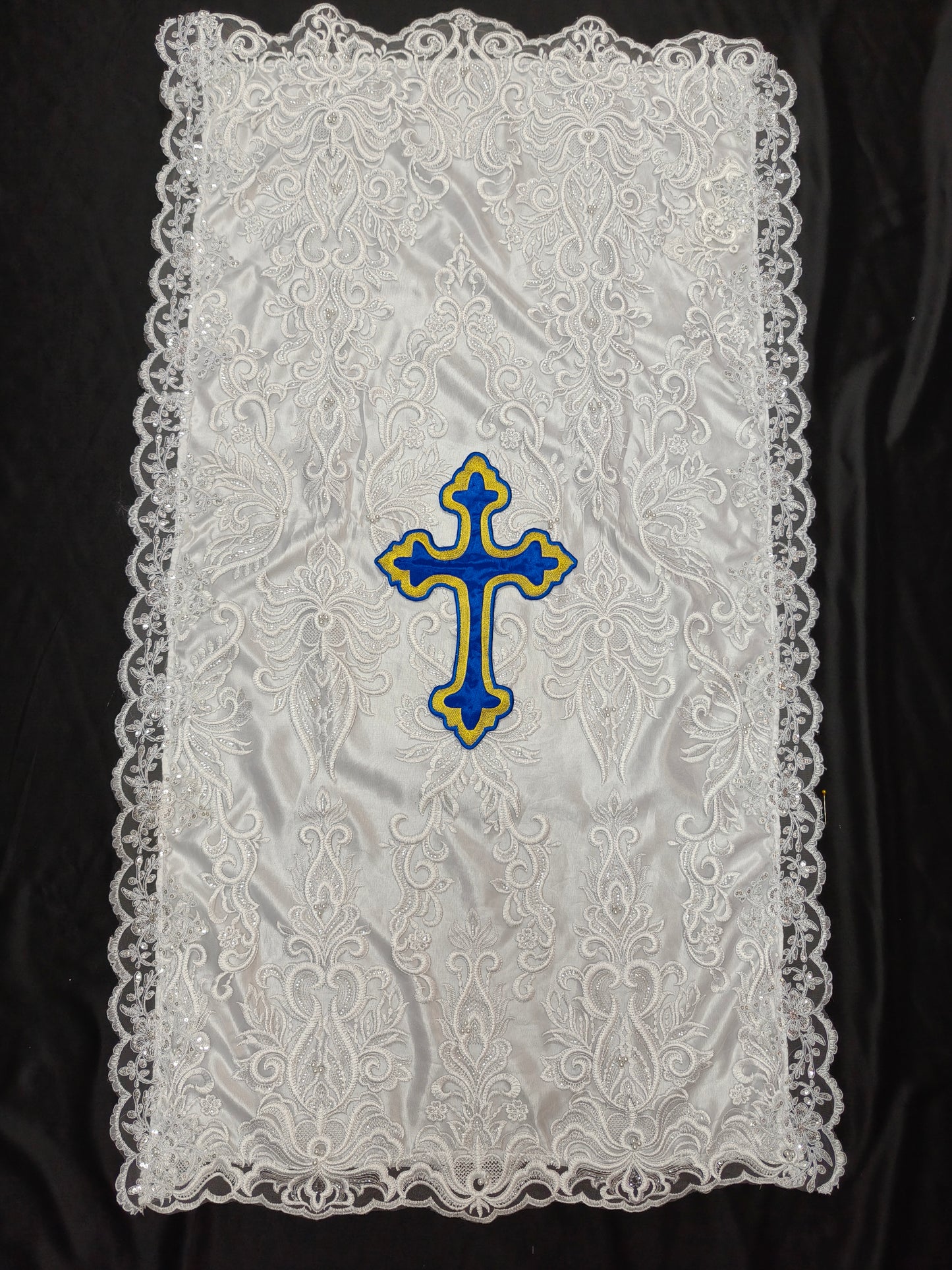 LACE PULPIT COVER (WHITE LACE & BLUE CROSS)