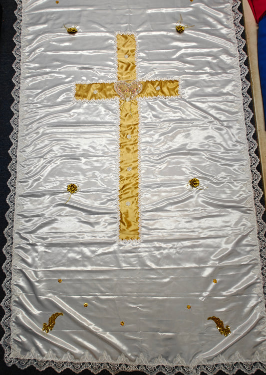 Gold cross with shinning satin LACE coffin cover