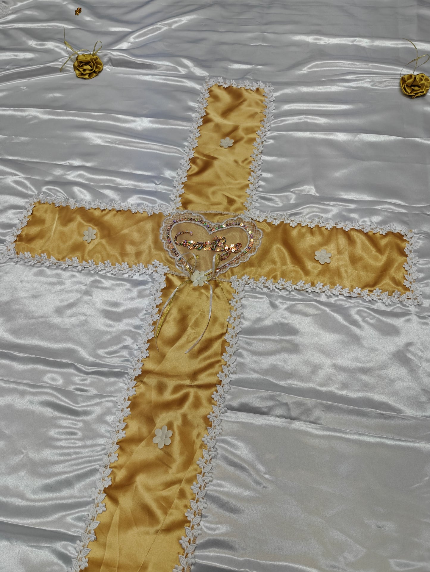 Gold cross with shinning satin LACE coffin cover