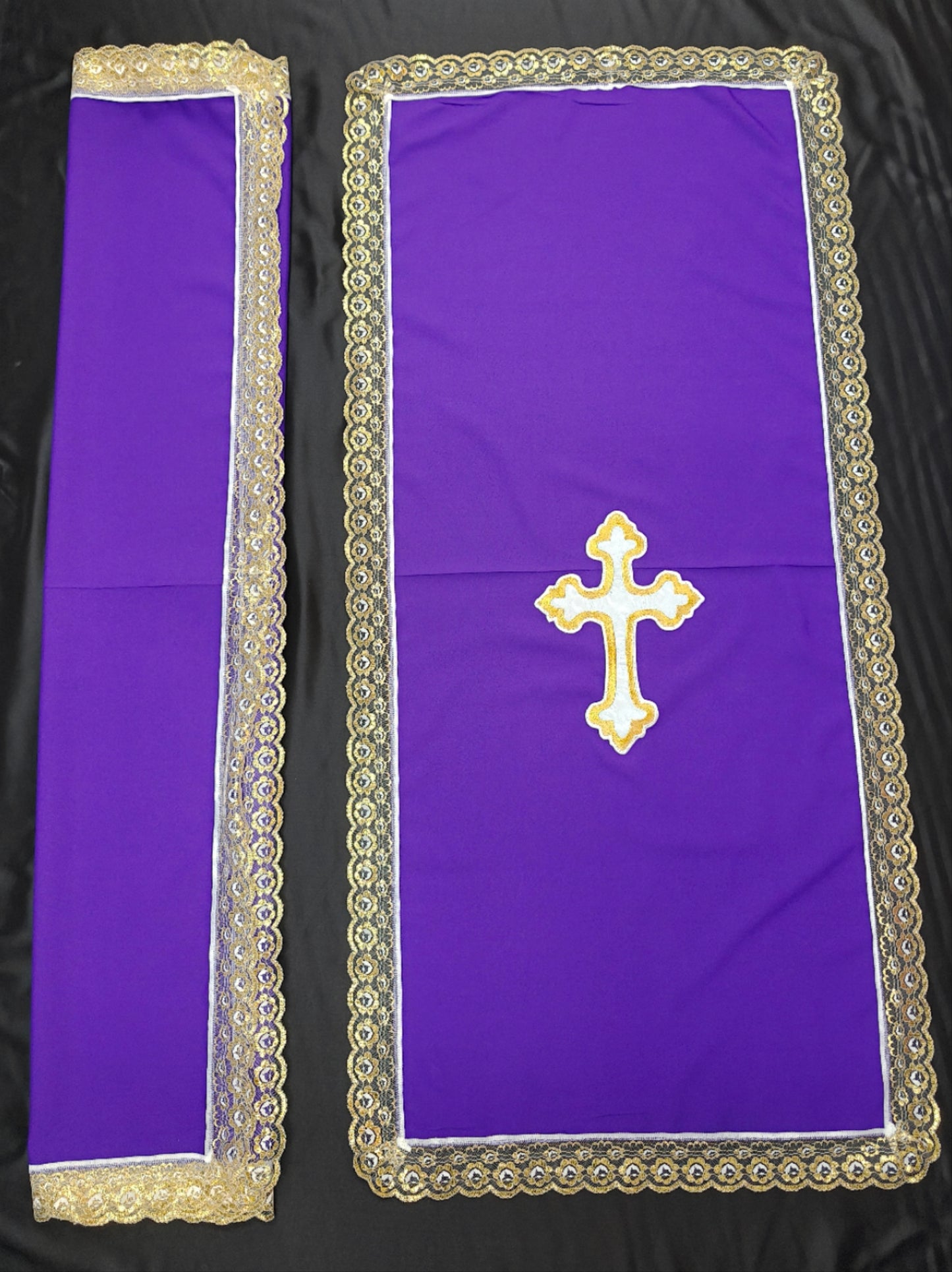 PULPIT & TABLE COVER SET (PURPLE & WHITE GOLD CROSS)