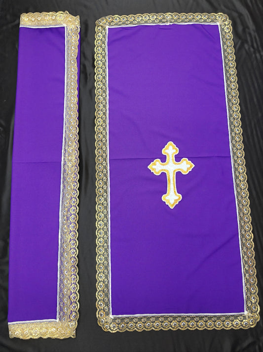 PULPIT & TABLE COVER SET (PURPLE & WHITE GOLD CROSS)