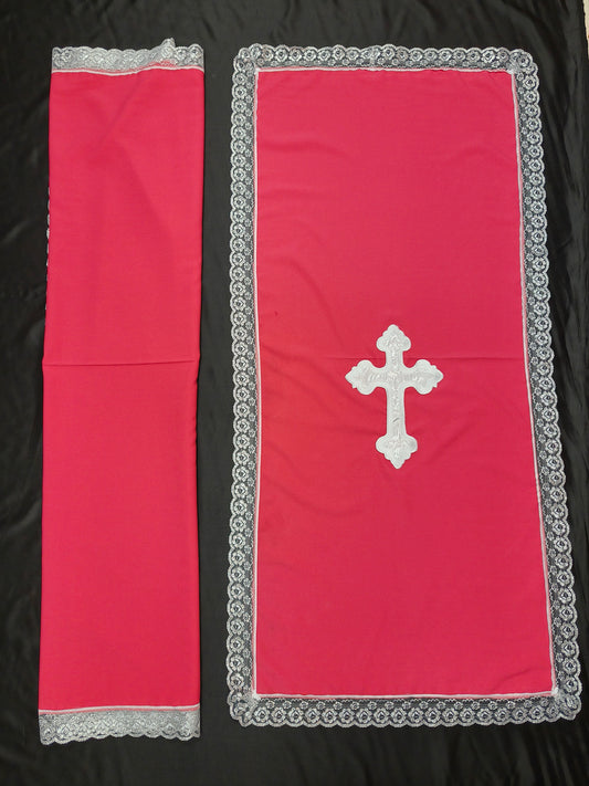 PULPIT & TABLE COVER SET (HOT PINK & WHITE CROSS)