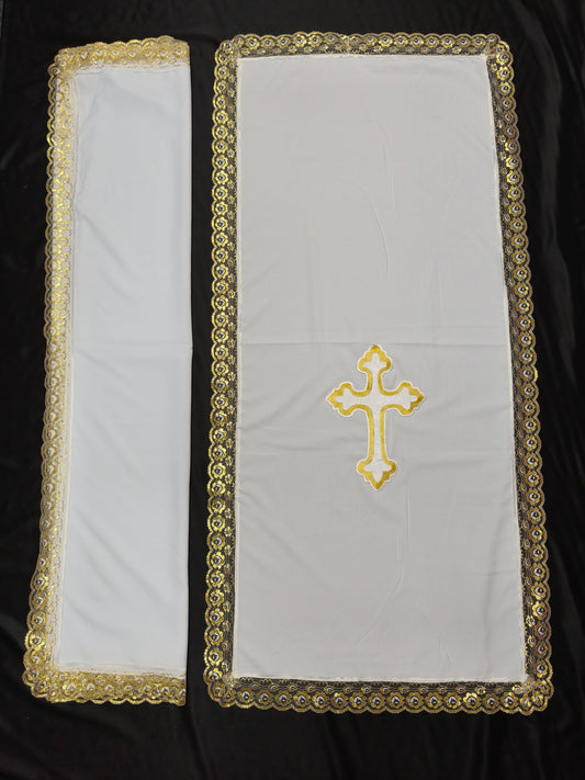 PULPIT & TABLE COVER SET (WHITE & WHITE GOLD CROSS)