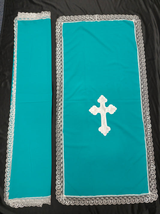 PULPIT & TABLE COVER SET (BLUE GREEN & WHITE CROSS)