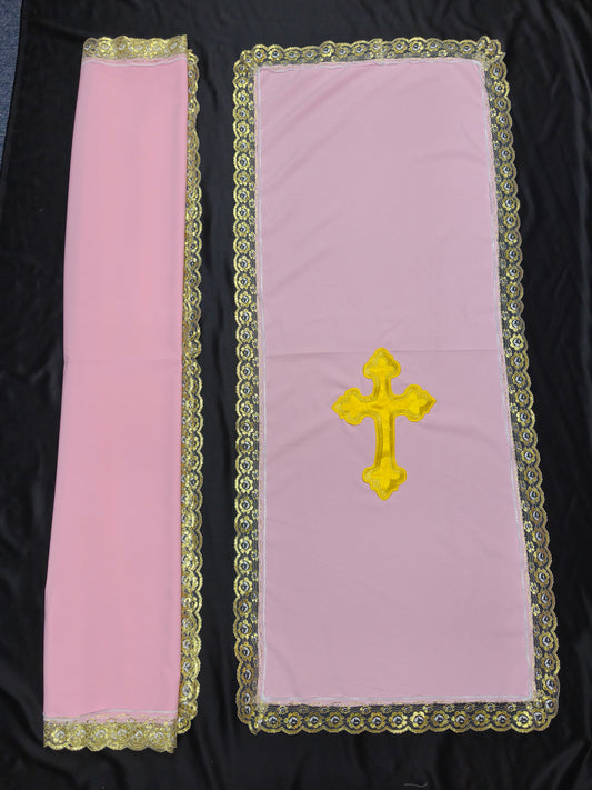 PULPIT & TABLE COVER SET (PINK & GOLD CROSS)