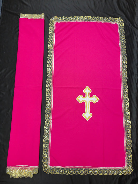PULPIT & TABLE COVER SET (HOT PINK & WHITE GOLD CROSS)