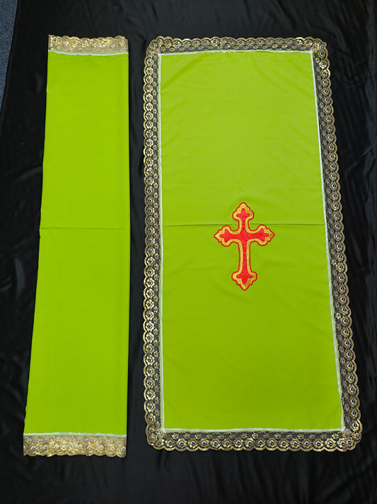 PULPIT & TABLE COVER SET (LIGHT GREEN & RED CROSS)