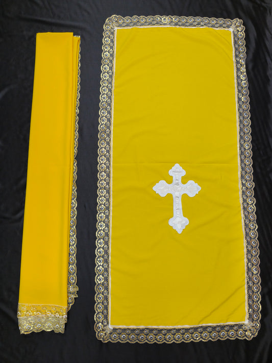 PULPIT & TABLE COVER SET (YELLOW & WHITE CROSS)