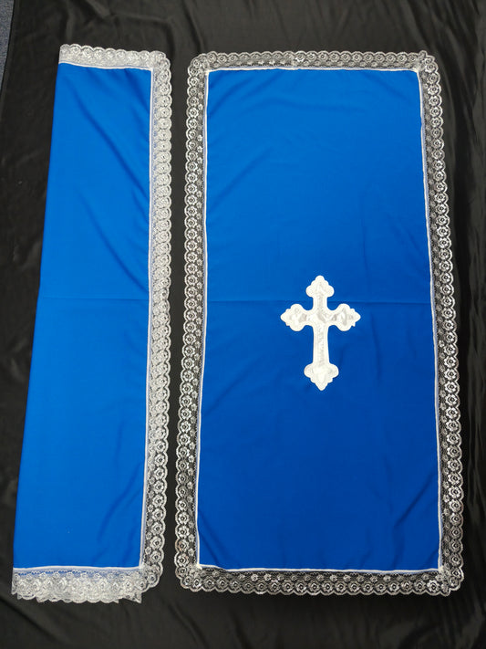 PULPIT & TABLE COVER SET (BULE & WHITE CROSS)