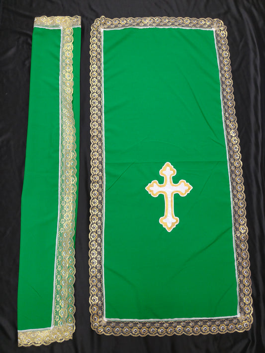 PULPIT & TABLE COVER SET (GREEN & WHITE GOLD CROSS)