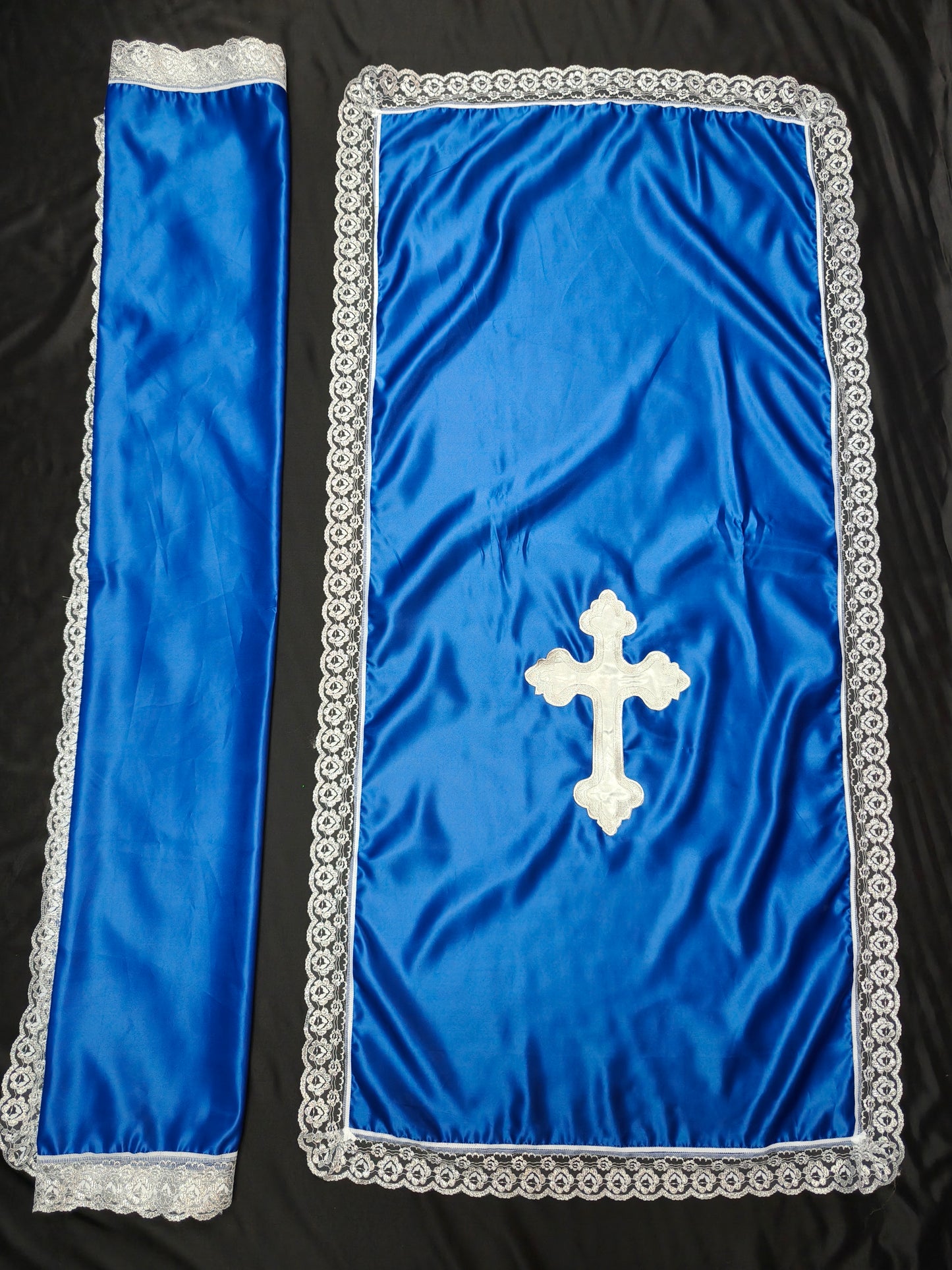 SATIN PULPIT & TABLE COVER SET (BLUE & SILVER CROSS)