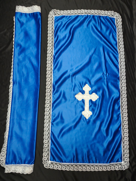 SATIN PULPIT & TABLE COVER SET (BLUE & SILVER CROSS)