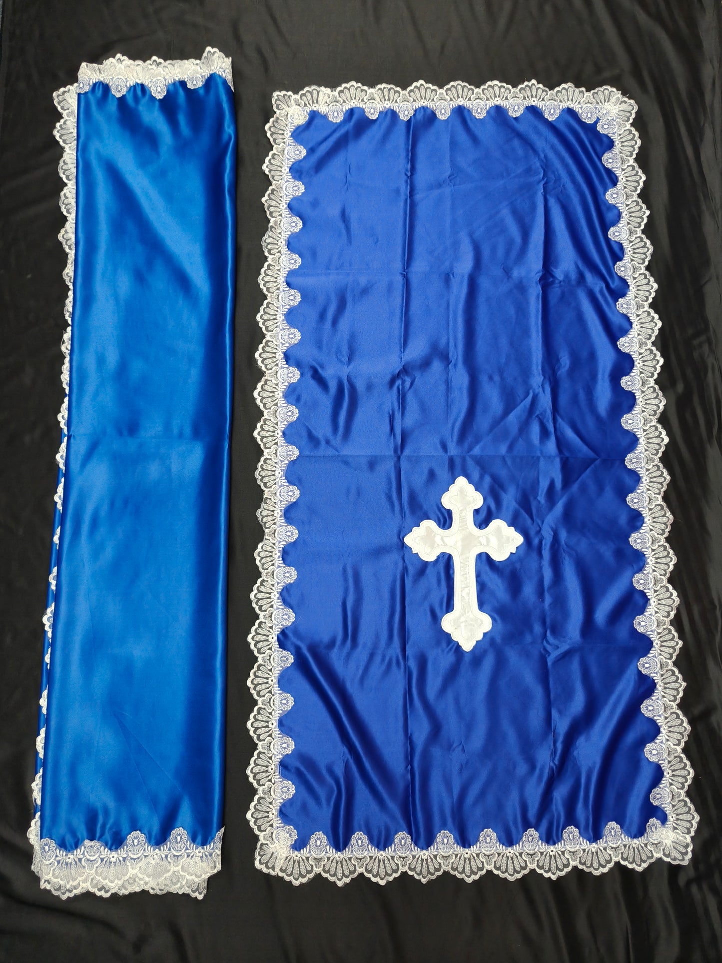 SATIN PULPIT & TABLE COVER SET (BLUE & WHITE SMALL CROSS)