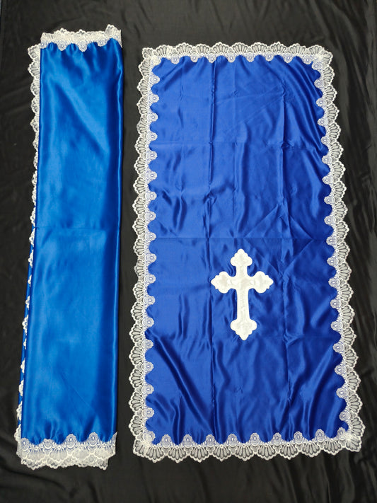 SATIN PULPIT & TABLE COVER SET (BLUE & WHITE SMALL CROSS)