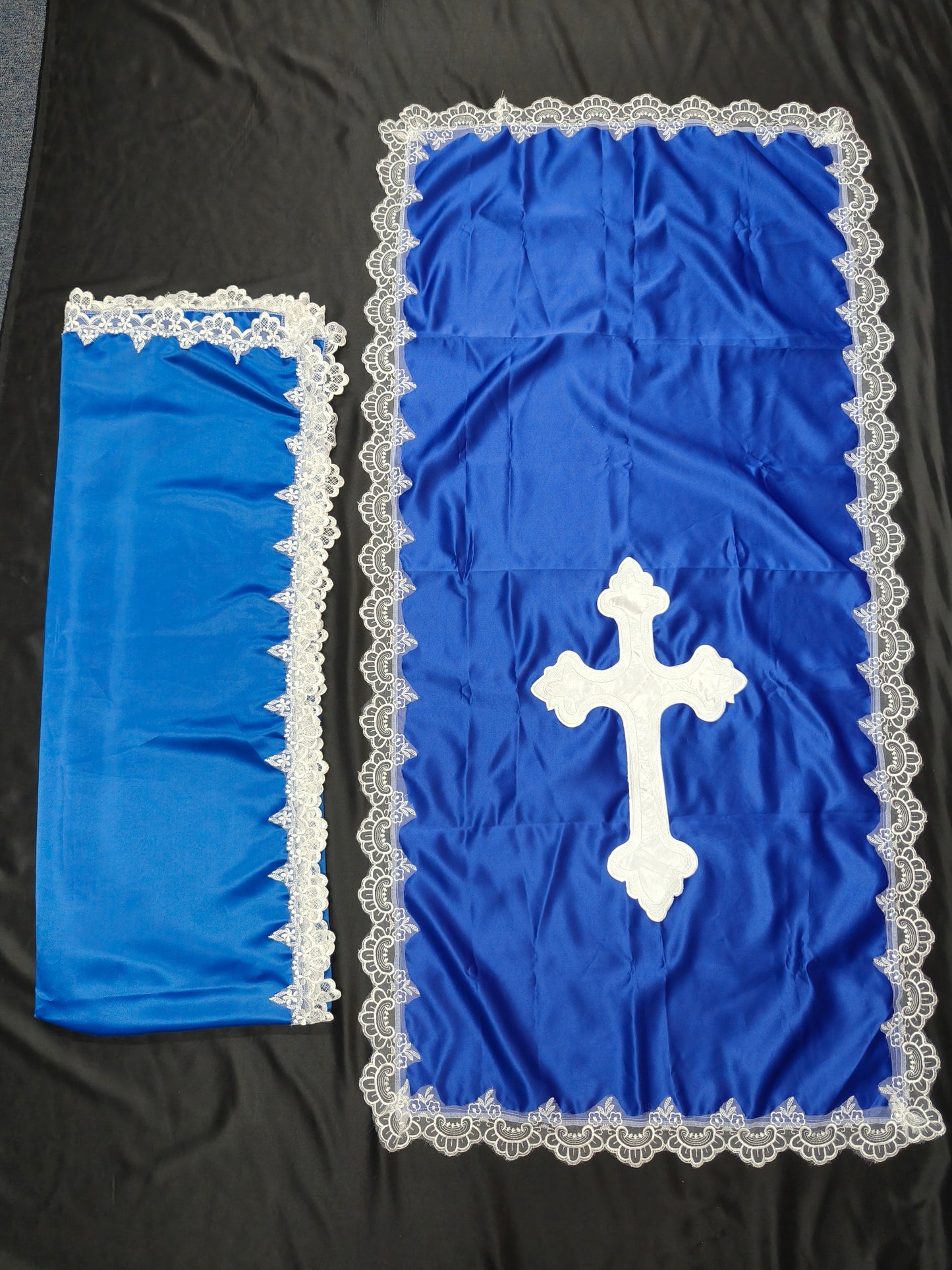 SATIN PULPIT & TABLE COVER SET (BLUE & WHITE BIG CROSS)