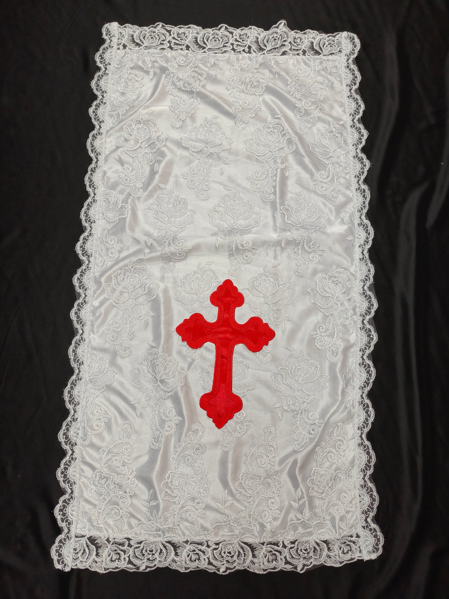 LACE PULPIT COVER (WHITE LACE & RED CROSS)