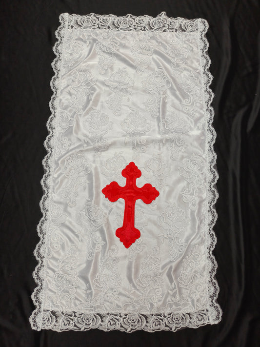 LACE PULPIT COVER (WHITE LACE & RED CROSS)