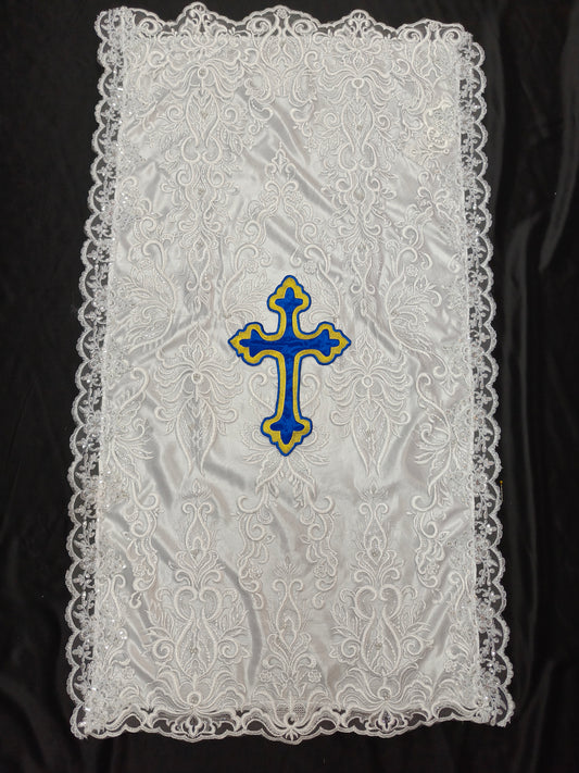 LACE PULPIT COVER (WHITE LACE & BLUE CROSS)