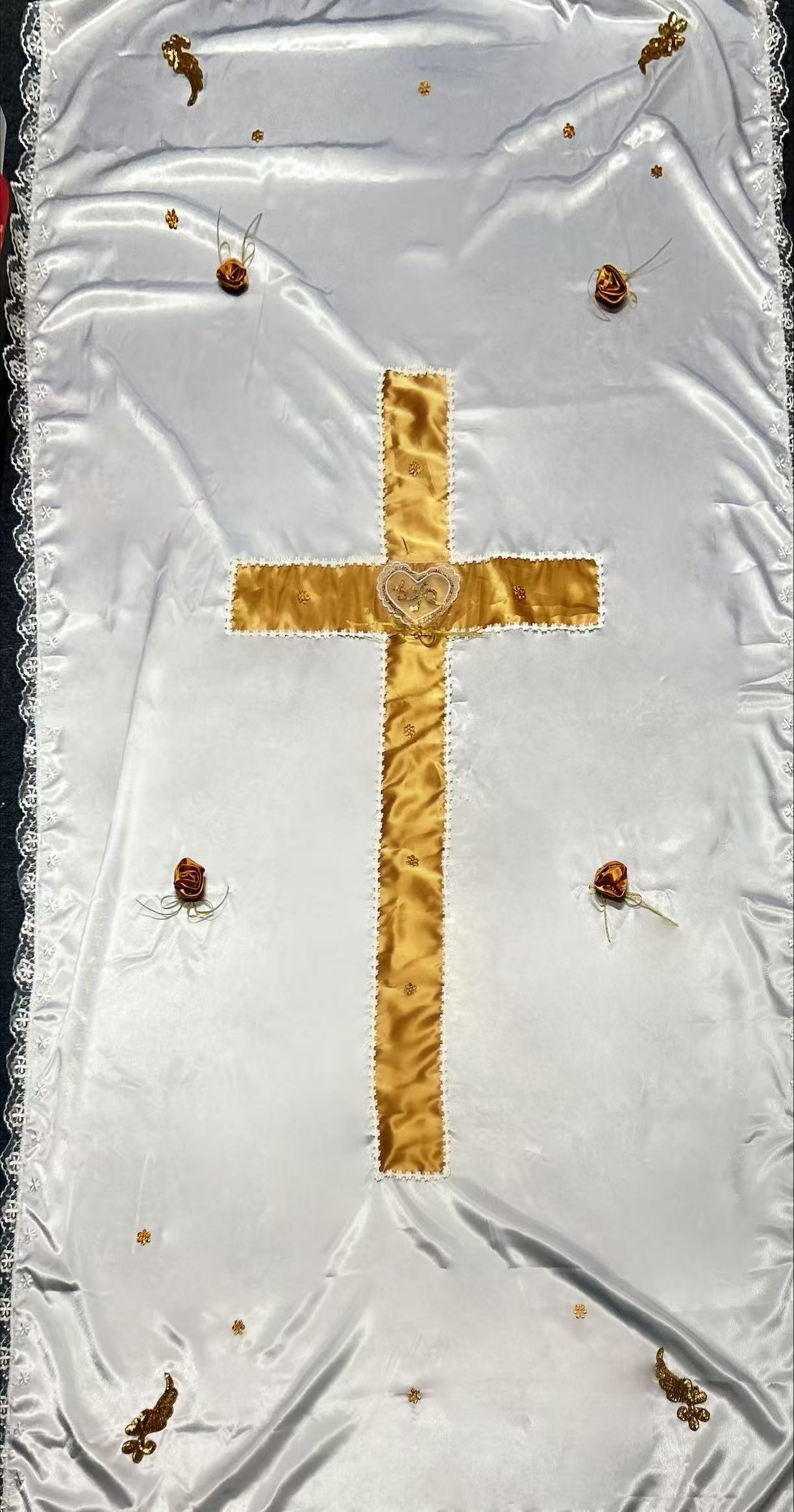 Gold cross with LACE edges coffin cover